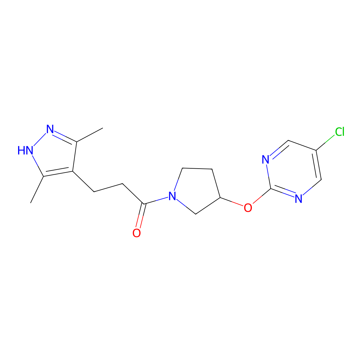 1-{3-[(5-chloropyrimidin-2-yl)oxy]pyrrolidin-1-yl}-3-(3,5-dimethyl-1H-pyrazol-4-yl)propan-1-one molecular structure, CAS 2034201-71-1