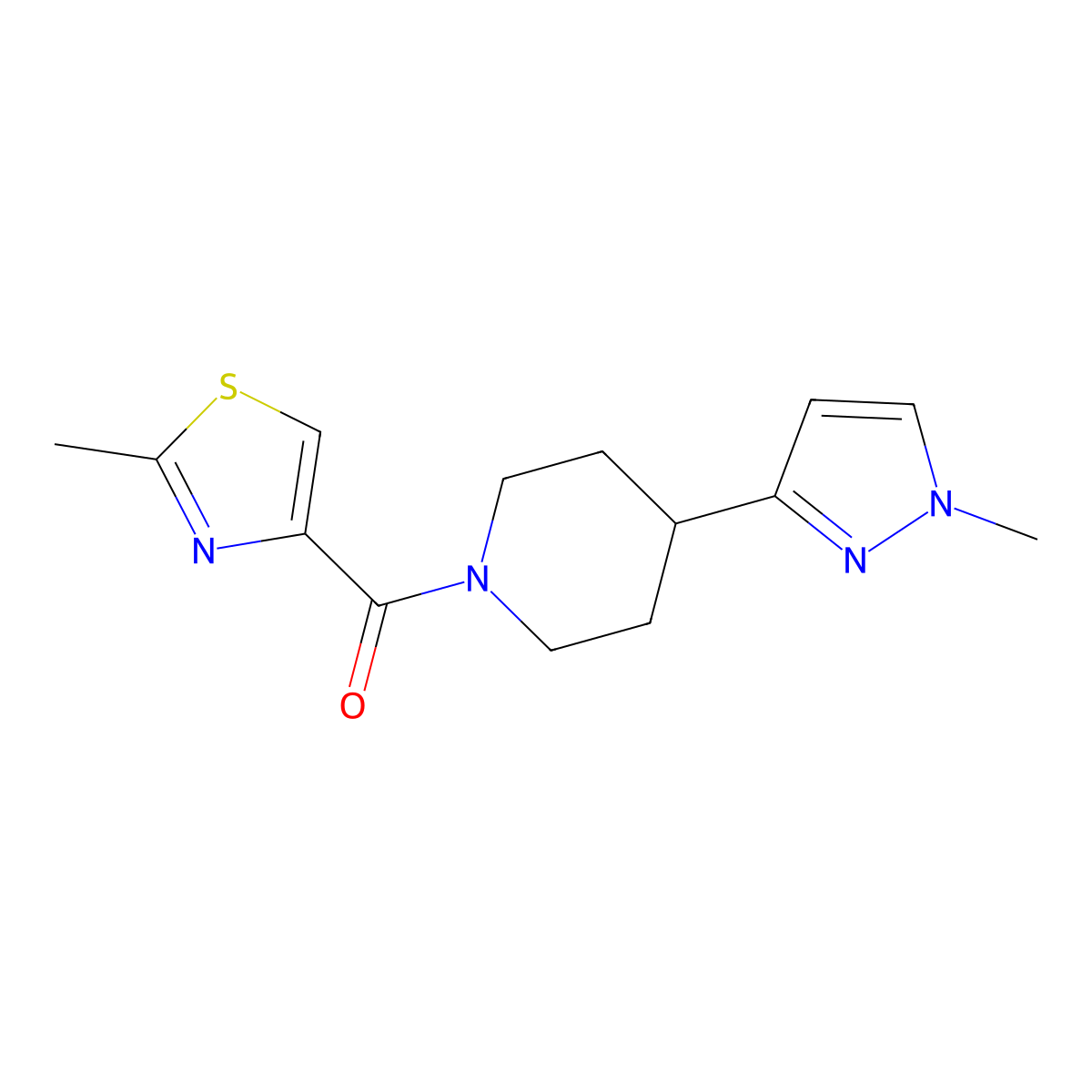 (4-(1-methyl-1H-pyrazol-3-yl)piperidin-1-yl)(2-methylthiazol-4-yl)methanone molecular structure, CAS 2034201-77-7