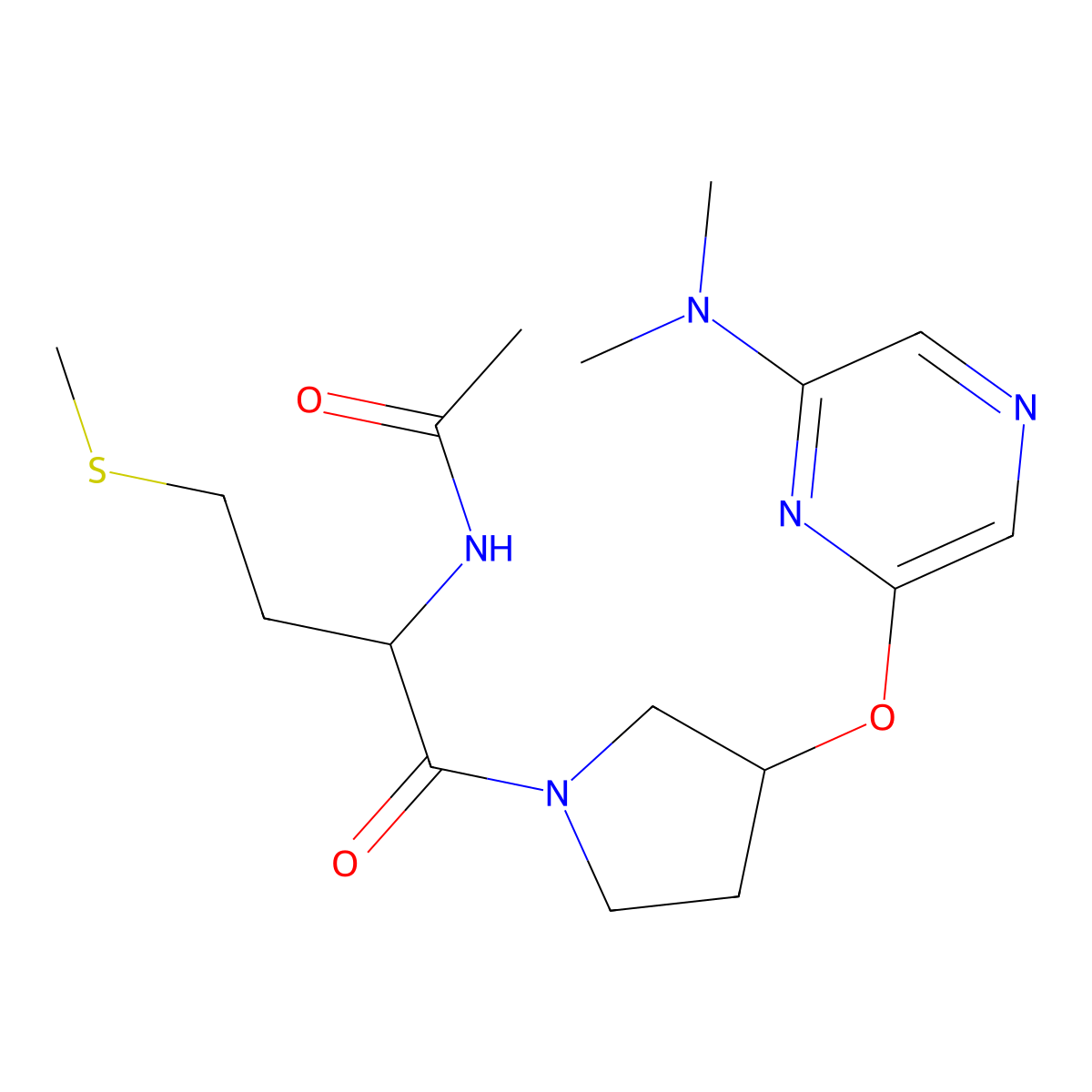 N-(1-(3-((6-(dimethylamino)pyrazin-2-yl)oxy)pyrrolidin-1-yl)-4-(methylthio)-1-oxobutan-2-yl)acetamide molecular structure, CAS 2034201-78-8