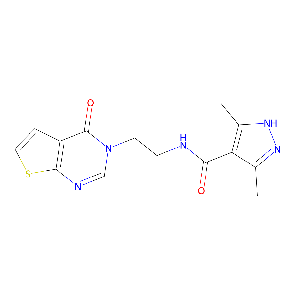3,5-dimethyl-N-(2-(4-oxothieno[2,3-d]pyrimidin-3(4H)-yl)ethyl)-1H-pyrazole-4-carboxamide molecular structure, CAS 2034201-80-2