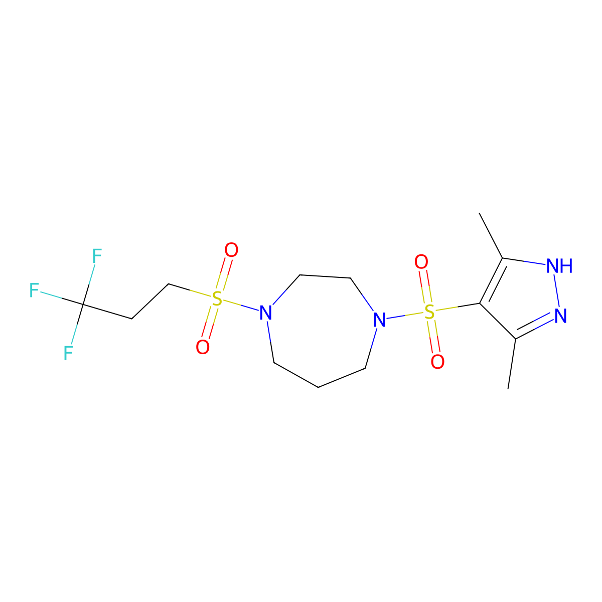 1-((3,5-dimethyl-1H-pyrazol-4-yl)sulfonyl)-4-((3,3,3-trifluoropropyl)sulfonyl)-1,4-diazepane molecular structure, CAS 2034201-83-5