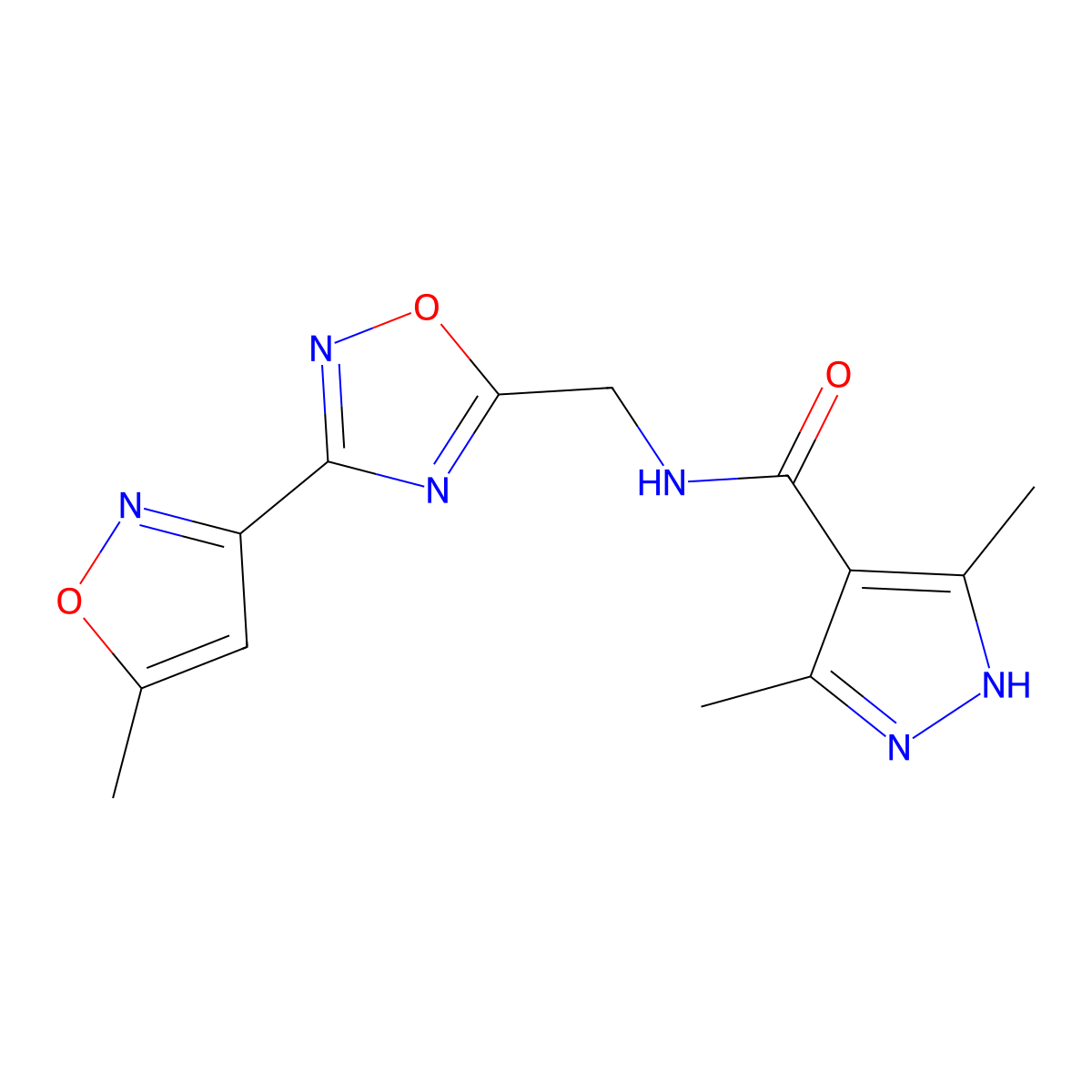 3,5-dimethyl-N-((3-(5-methylisoxazol-3-yl)-1,2,4-oxadiazol-5-yl)methyl)-1H-pyrazole-4-carboxamide molecular structure, CAS 2034201-88-0