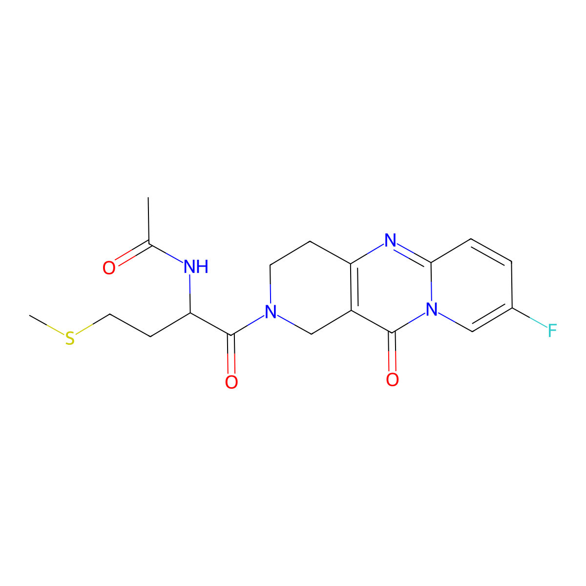 N-(1-(8-fluoro-11-oxo-3,4-dihydro-1H-dipyrido[1,2-a:4',3'-d]pyrimidin-2(11H)-yl)-4-(methylthio)-1-oxobutan-2-yl)acetamide molecular structure, CAS 2034201-89-1