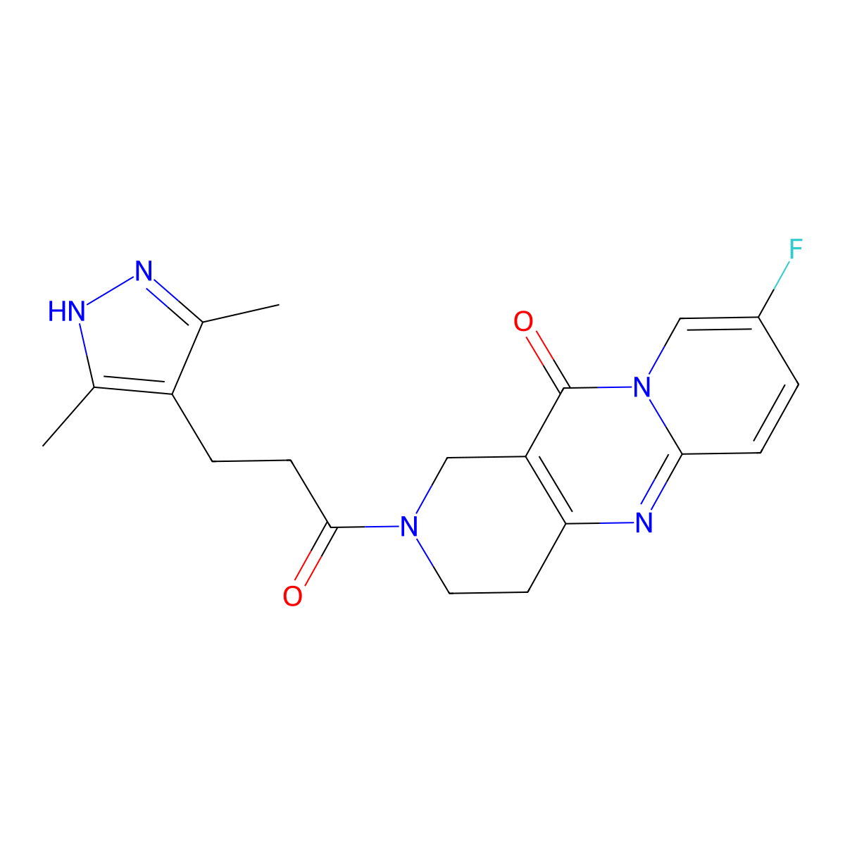 2-(3-(3,5-dimethyl-1H-pyrazol-4-yl)propanoyl)-8-fluoro-3,4-dihydro-1H-dipyrido[1,2-a:4',3'-d]pyrimidin-11(2H)-one molecular structure, CAS 2034201-91-5