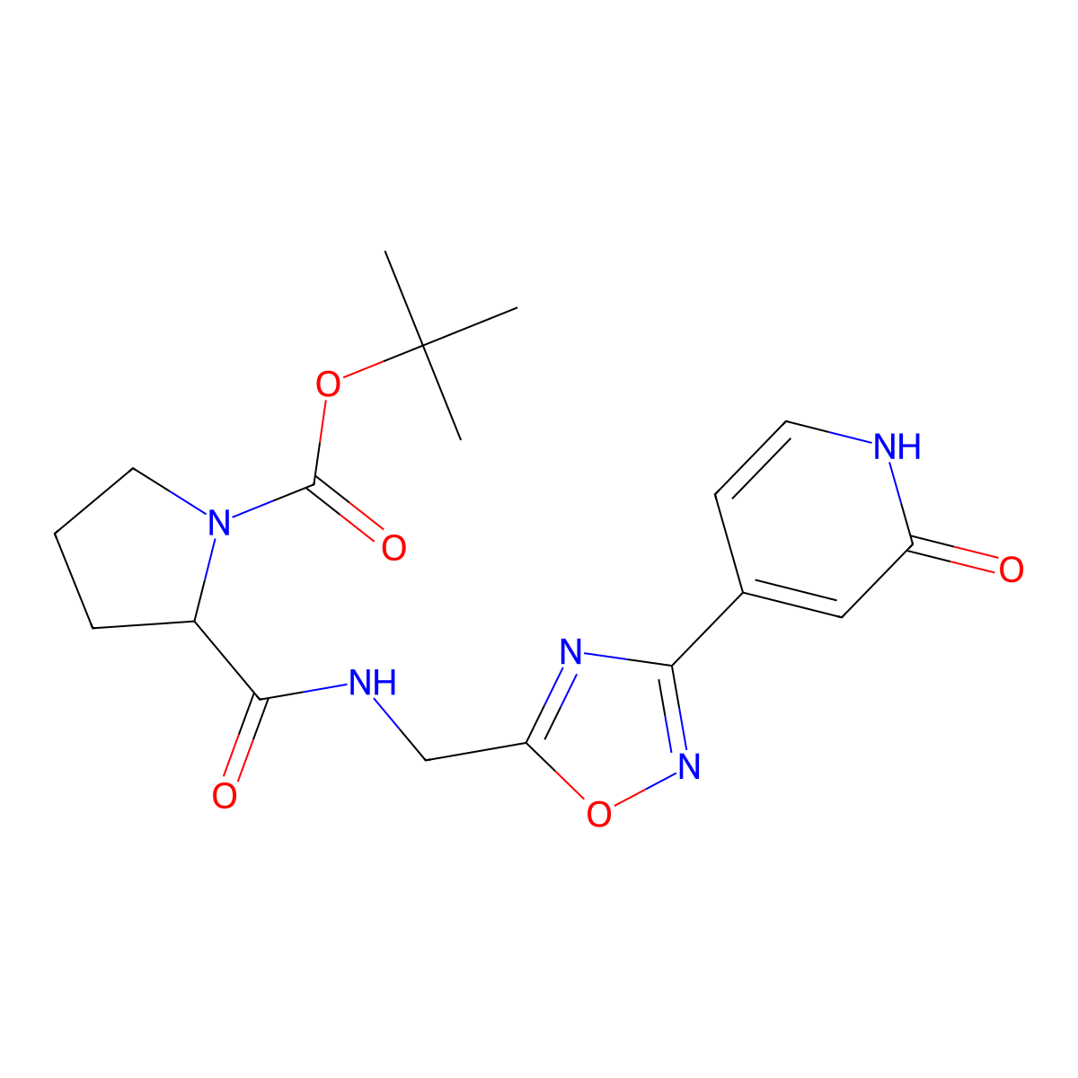 Tert-butyl 2-(((3-(2-oxo-1,2-dihydropyridin-4-yl)-1,2,4-oxadiazol-5-yl)methyl)carbamoyl)pyrrolidine-1-carboxylate molecular structure, CAS 2034201-93-7