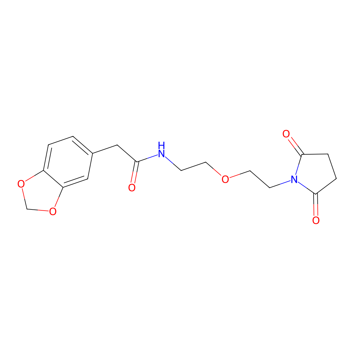 2-(benzo[d][1,3]dioxol-5-yl)-N-(2-(2-(2,5-dioxopyrrolidin-1-yl)ethoxy)ethyl)acetamide molecular structure, CAS 2034201-95-9