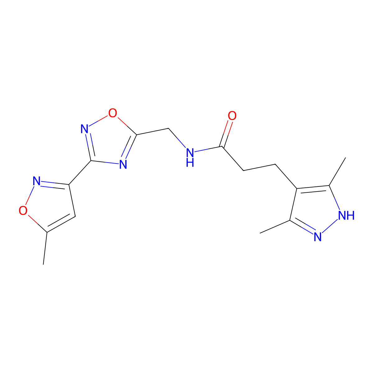 3-(3,5-dimethyl-1H-pyrazol-4-yl)-N-((3-(5-methylisoxazol-3-yl)-1,2,4-oxadiazol-5-yl)methyl)propanamide molecular structure, CAS 2034201-98-2