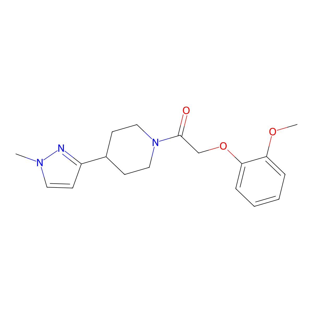 2-(2-methoxyphenoxy)-1-(4-(1-methyl-1H-pyrazol-3-yl)piperidin-1-yl)ethanone molecular structure, CAS 2034202-00-9