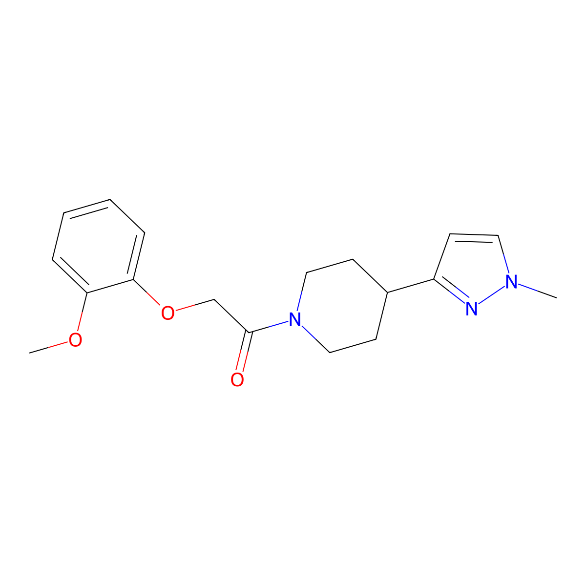 2-(2-methoxyphenoxy)-1-(4-(1-methyl-1H-pyrazol-3-yl)piperidin-1-yl)ethanone molecular structure, CAS 2034202-00-9