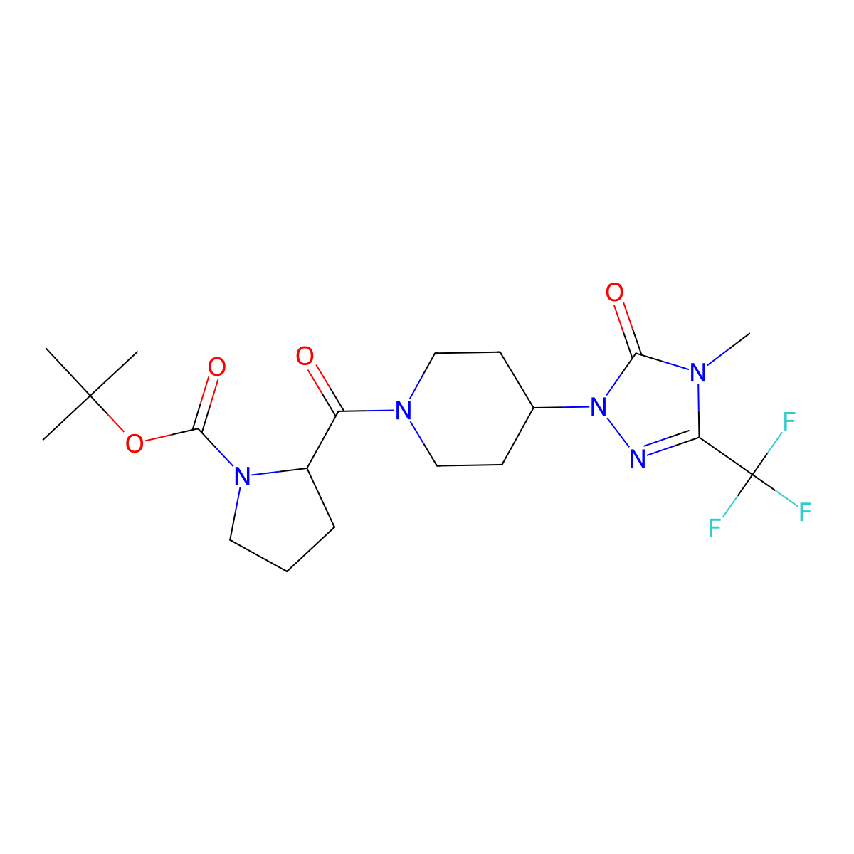 tert-butyl 2-(4-(4-methyl-5-oxo-3-(trifluoromethyl)-4,5-dihydro-1H-1,2,4-triazol-1-yl)piperidine-1-carbonyl)pyrrolidine-1-carboxylate molecular structure, CAS 2034202-01-0