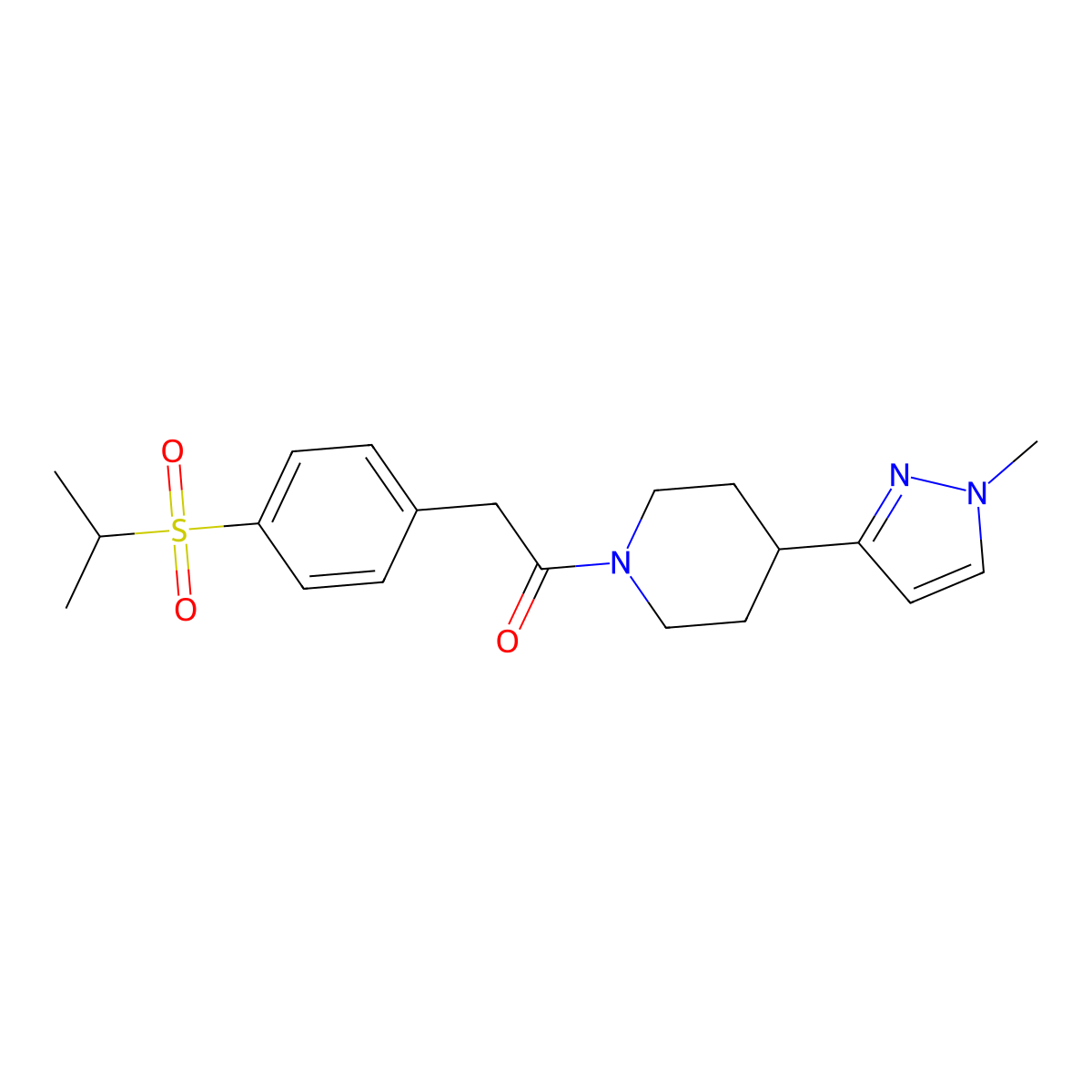 2-(4-(isopropylsulfonyl)phenyl)-1-(4-(1-methyl-1H-pyrazol-3-yl)piperidin-1-yl)ethanone molecular structure, CAS 2034202-04-3