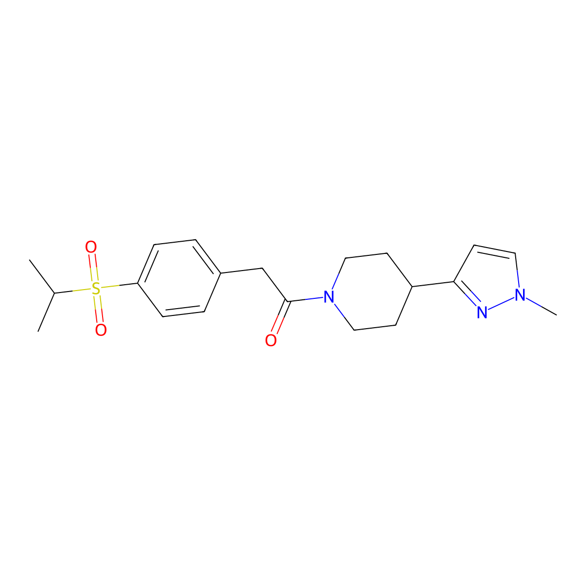 2-(4-(isopropylsulfonyl)phenyl)-1-(4-(1-methyl-1H-pyrazol-3-yl)piperidin-1-yl)ethanone molecular structure, CAS 2034202-04-3
