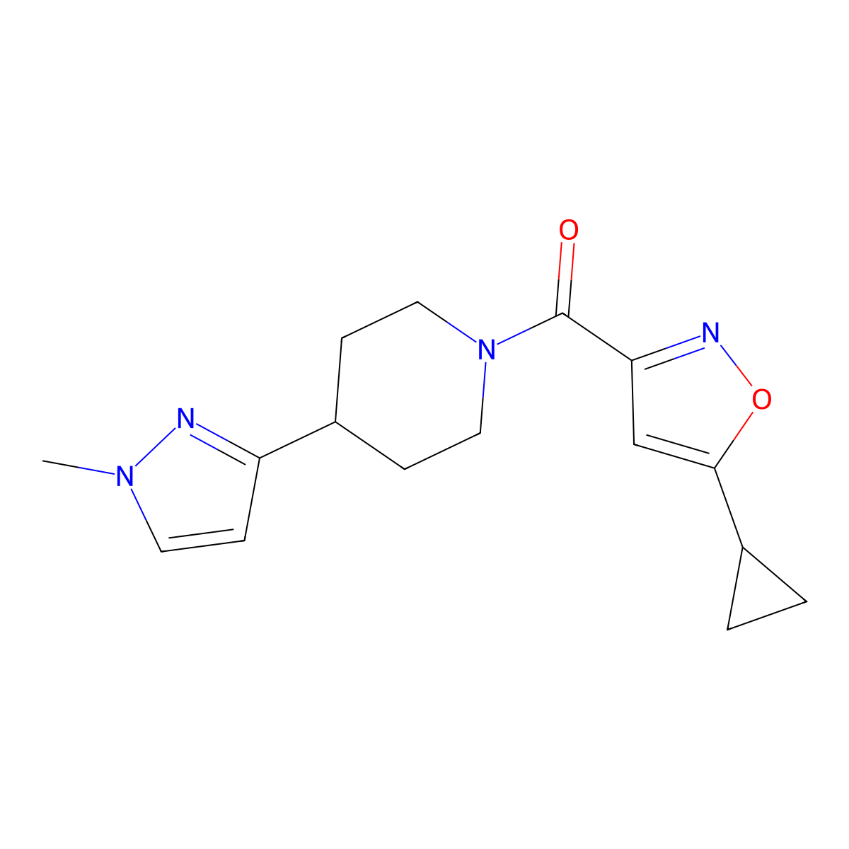 (5-cyclopropylisoxazol-3-yl)(4-(1-methyl-1H-pyrazol-3-yl)piperidin-1-yl)methanone molecular structure, CAS 2034202-07-6