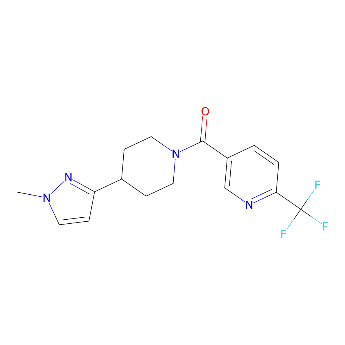 (4-(1-methyl-1H-pyrazol-3-yl)piperidin-1-yl)(6-(trifluoromethyl)pyridin-3-yl)methanone molecular structure, CAS 2034202-10-1
