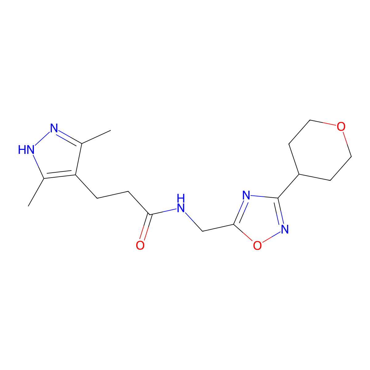 3-(3,5-dimethyl-1H-pyrazol-4-yl)-N-((3-(tetrahydro-2H-pyran-4-yl)-1,2,4-oxadiazol-5-yl)methyl)propanamide molecular structure, CAS 2034202-18-9