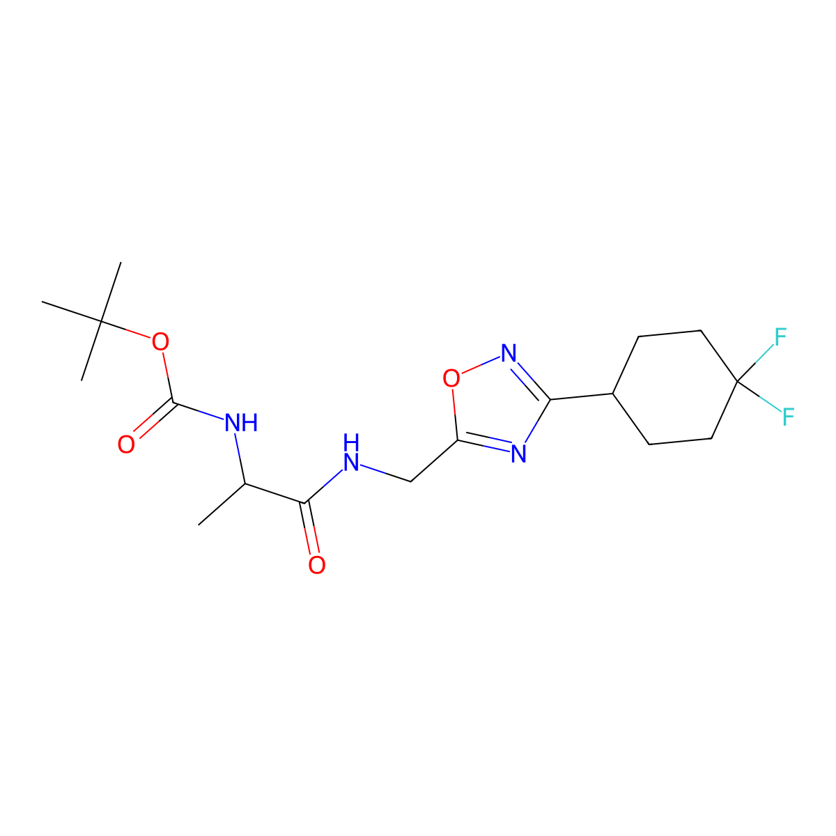 Tert-butyl (1-(((3-(4,4-difluorocyclohexyl)-1,2,4-oxadiazol-5-yl)methyl)amino)-1-oxopropan-2-yl)carbamate molecular structure, CAS 2034202-21-4