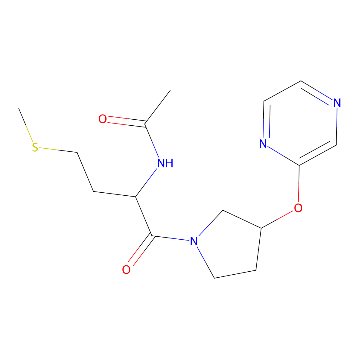 N-(4-(methylthio)-1-oxo-1-(3-(pyrazin-2-yloxy)pyrrolidin-1-yl)butan-2-yl)acetamide molecular structure, CAS 2034202-22-5