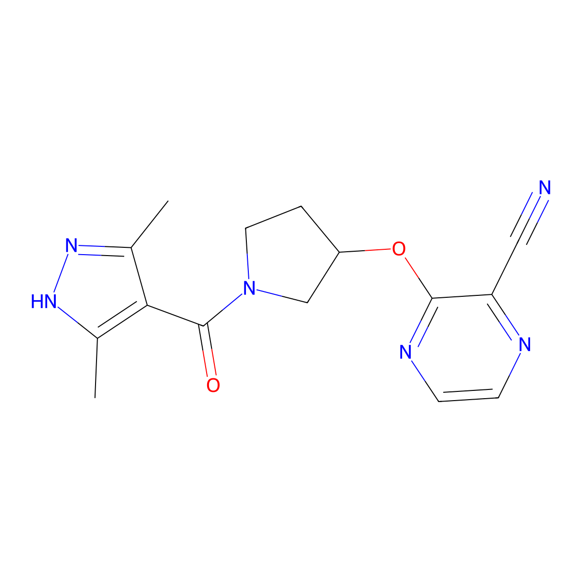 3-{[1-(3,5-dimethyl-1H-pyrazole-4-carbonyl)pyrrolidin-3-yl]oxy}pyrazine-2-carbonitrile molecular structure, CAS 2034202-25-8