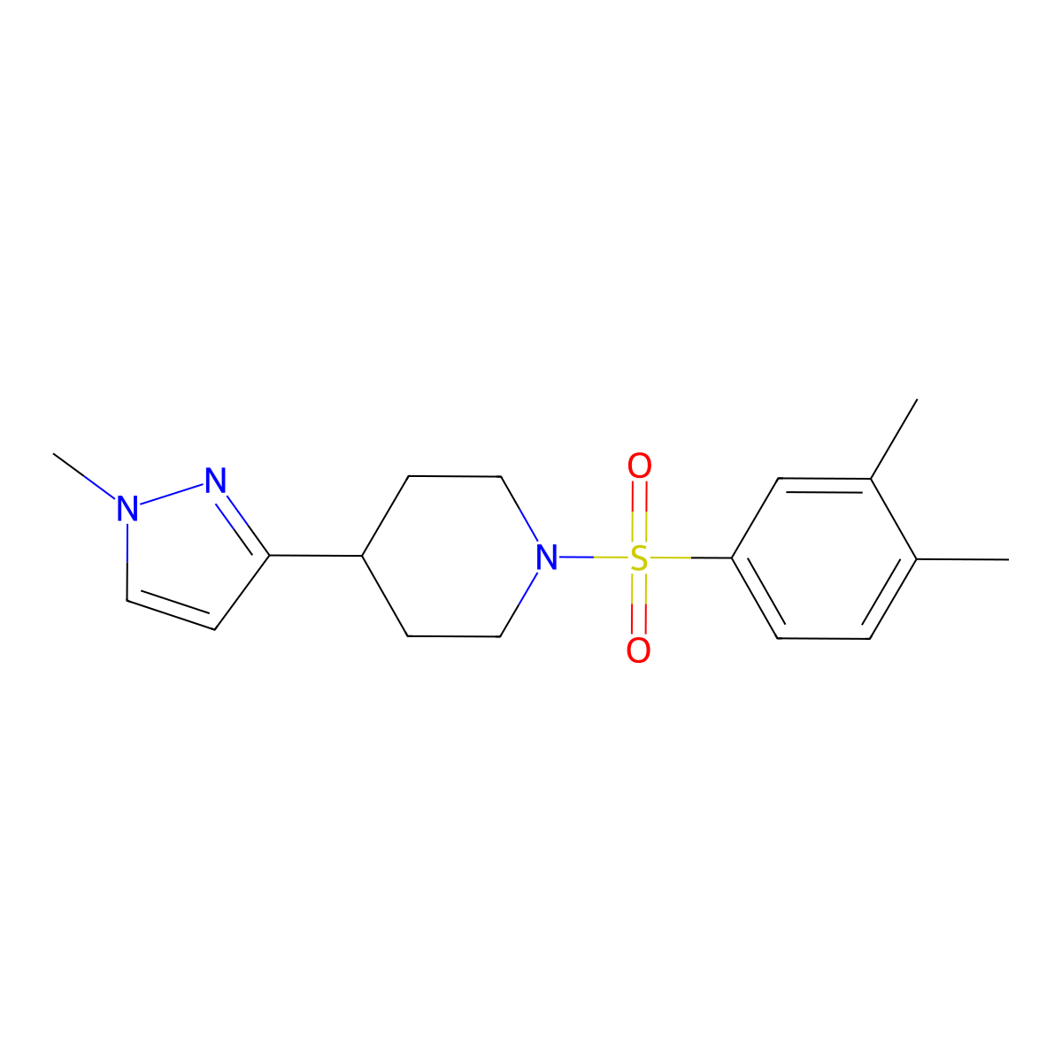 1-((3,4-dimethylphenyl)sulfonyl)-4-(1-methyl-1H-pyrazol-3-yl)piperidine molecular structure, CAS 2034202-28-1