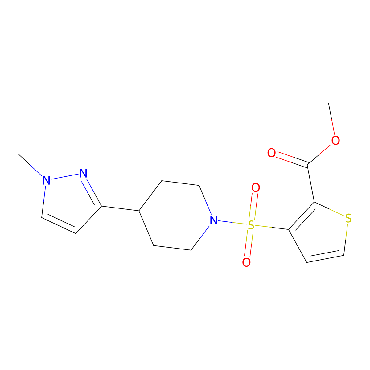 methyl 3-{[4-(1-methyl-1H-pyrazol-3-yl)piperidin-1-yl]sulfonyl}thiophene-2-carboxylate molecular structure, CAS 2034202-32-7