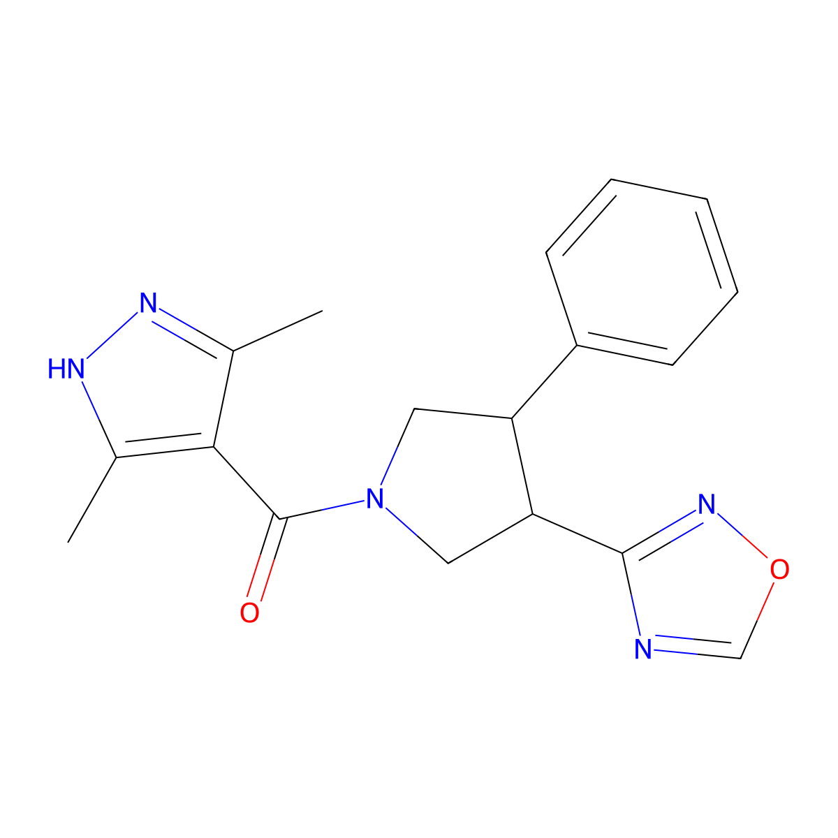 (3-(1,2,4-oxadiazol-3-yl)-4-phenylpyrrolidin-1-yl)(3,5-dimethyl-1H-pyrazol-4-yl)methanone molecular structure, CAS 2034202-37-2
