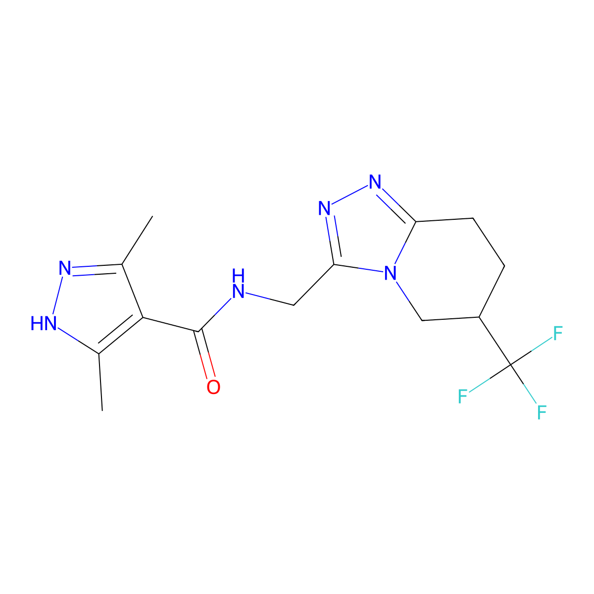 3,5-dimethyl-N-((6-(trifluoromethyl)-5,6,7,8-tetrahydro-[1,2,4]triazolo[4,3-a]pyridin-3-yl)methyl)-1H-pyrazole-4-carboxamide molecular structure, CAS 2034202-42-9