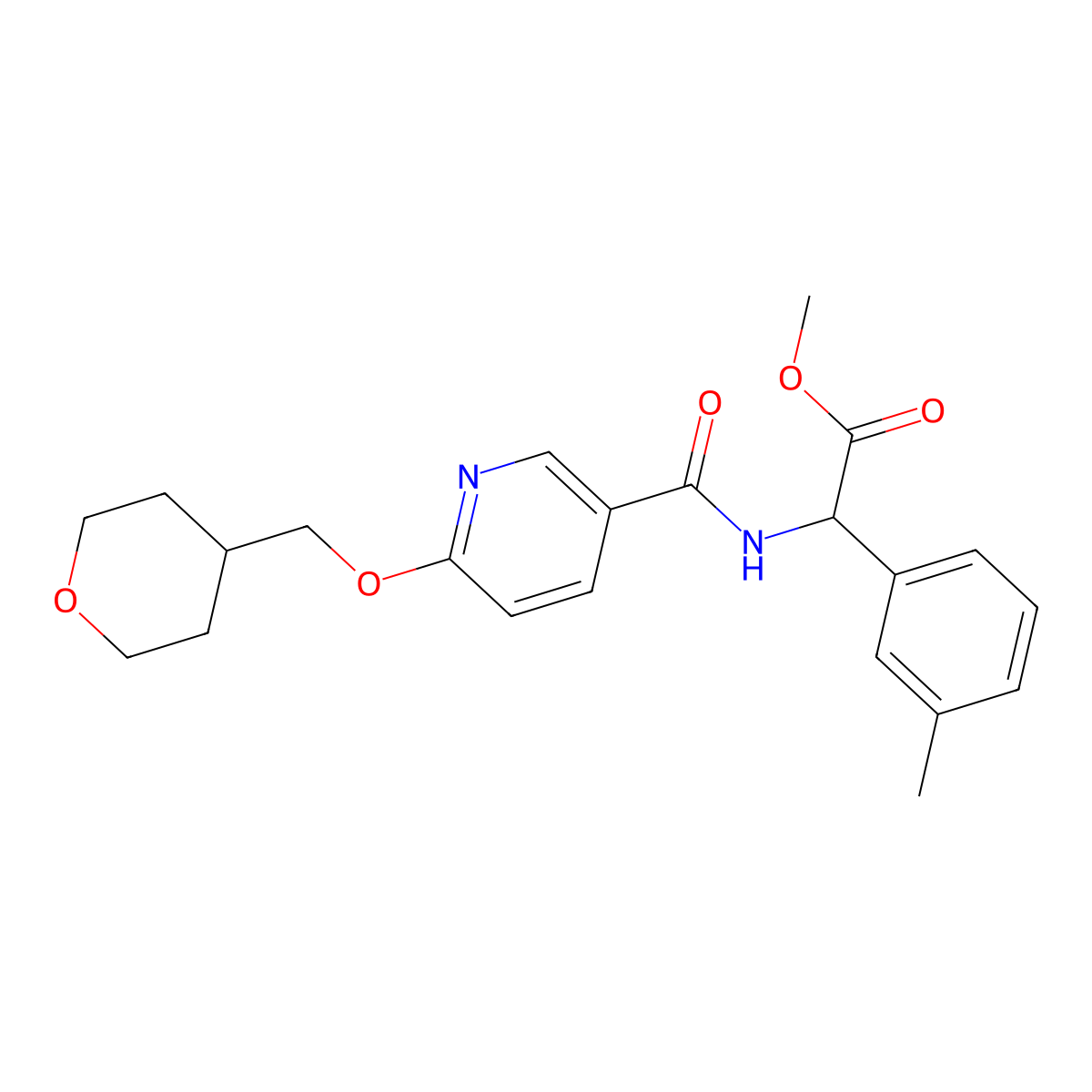 methyl 2-(6-((tetrahydro-2H-pyran-4-yl)methoxy)nicotinamido)-2-(m-tolyl)acetate molecular structure, CAS 2034202-43-0