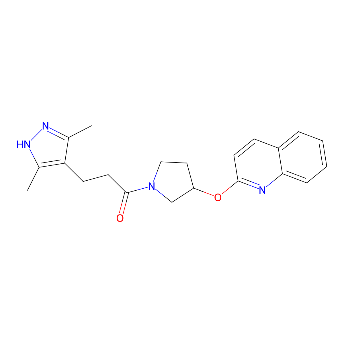 3-(3,5-dimethyl-1H-pyrazol-4-yl)-1-[3-(quinolin-2-yloxy)pyrrolidin-1-yl]propan-1-one molecular structure, CAS 2034202-47-4