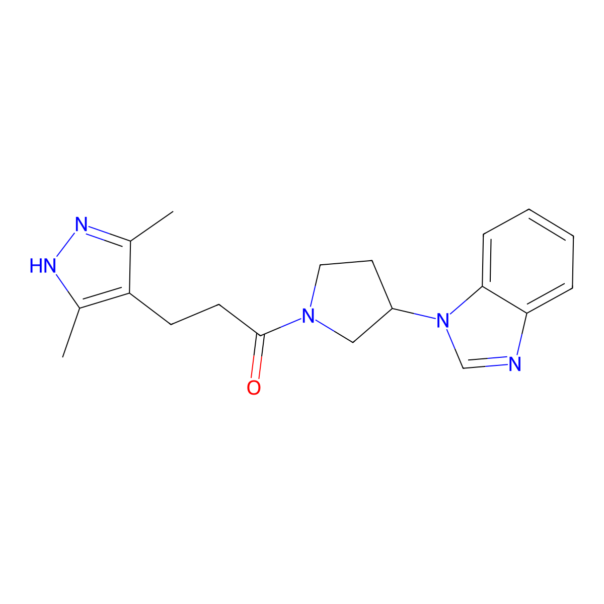 1-(3-(1H-benzo[d]imidazol-1-yl)pyrrolidin-1-yl)-3-(3,5-dimethyl-1H-pyrazol-4-yl)propan-1-one molecular structure, CAS 2034202-49-6