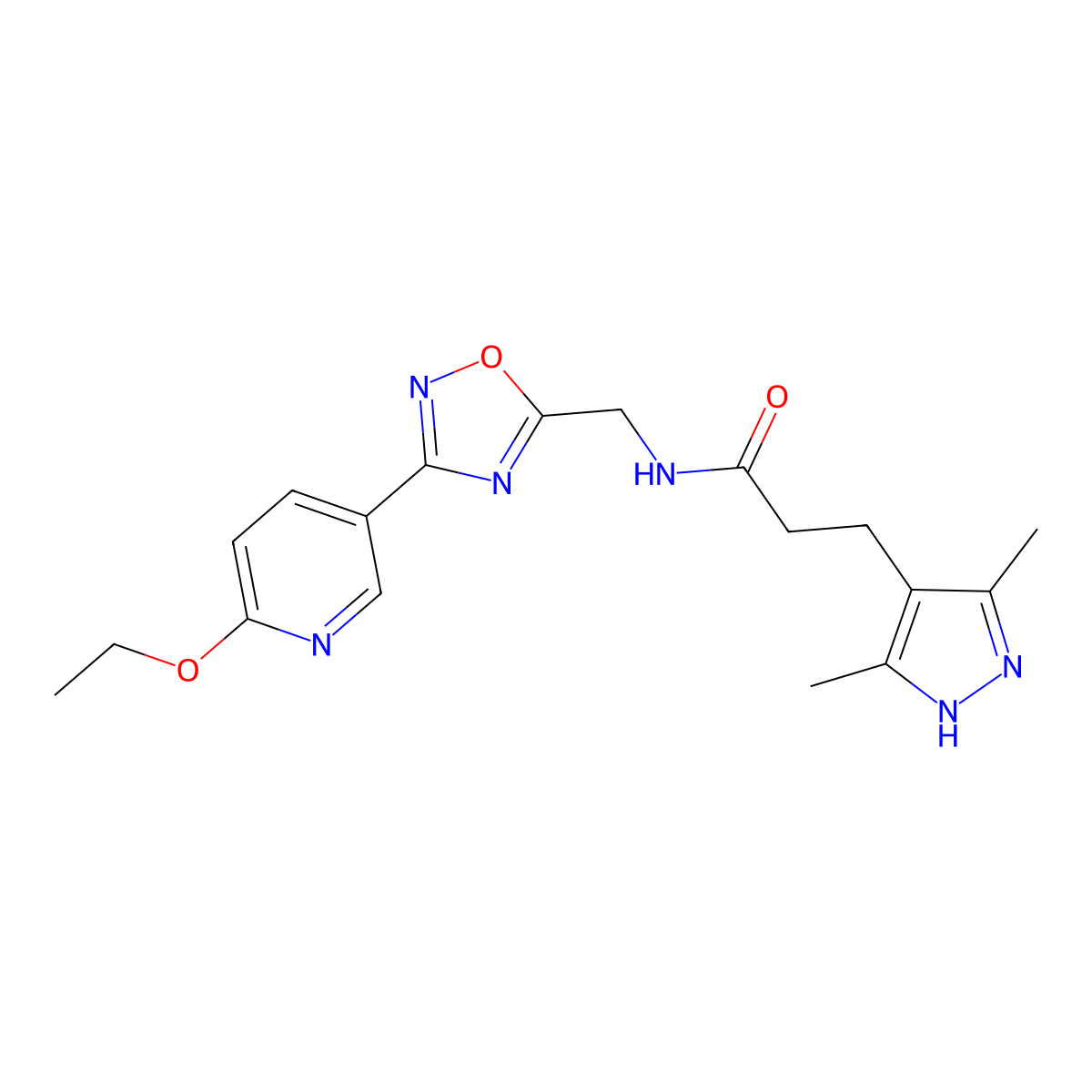 3-(3,5-dimethyl-1H-pyrazol-4-yl)-N-((3-(6-ethoxypyridin-3-yl)-1,2,4-oxadiazol-5-yl)methyl)propanamide molecular structure, CAS 2034202-51-0