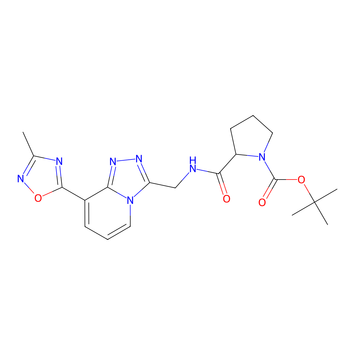 Tert-butyl 2-(((8-(3-methyl-1,2,4-oxadiazol-5-yl)-[1,2,4]triazolo[4,3-a]pyridin-3-yl)methyl)carbamoyl)pyrrolidine-1-carboxylate molecular structure, CAS 2034203-69-3