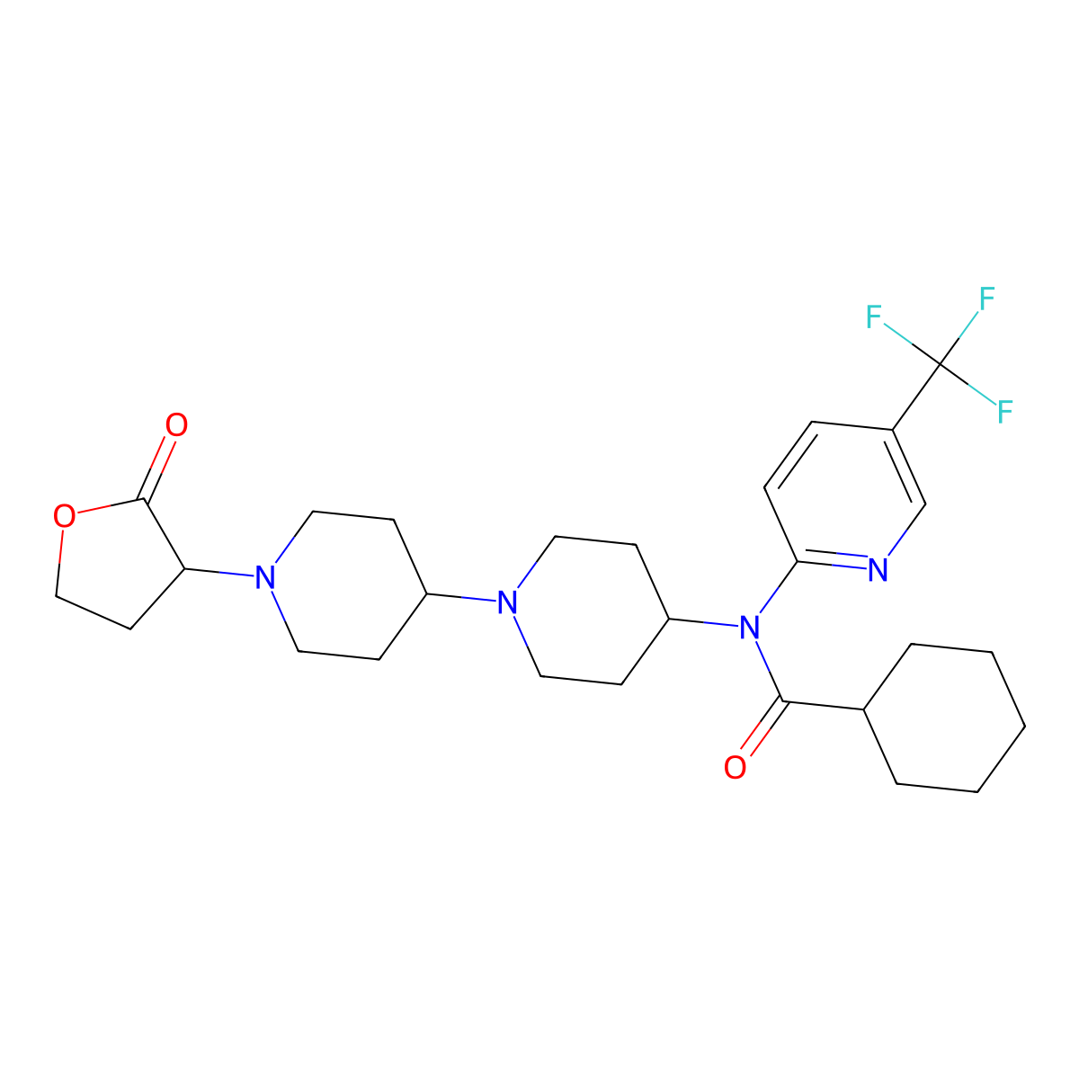 N-(1'-(2-oxotetrahydrofuran-3-yl)-[1,4'-bipiperidin]-4-yl)-N-(5-(trifluoromethyl)pyridin-2-yl)cyclohexanecarboxamide molecular structure, CAS 2034203-70-6