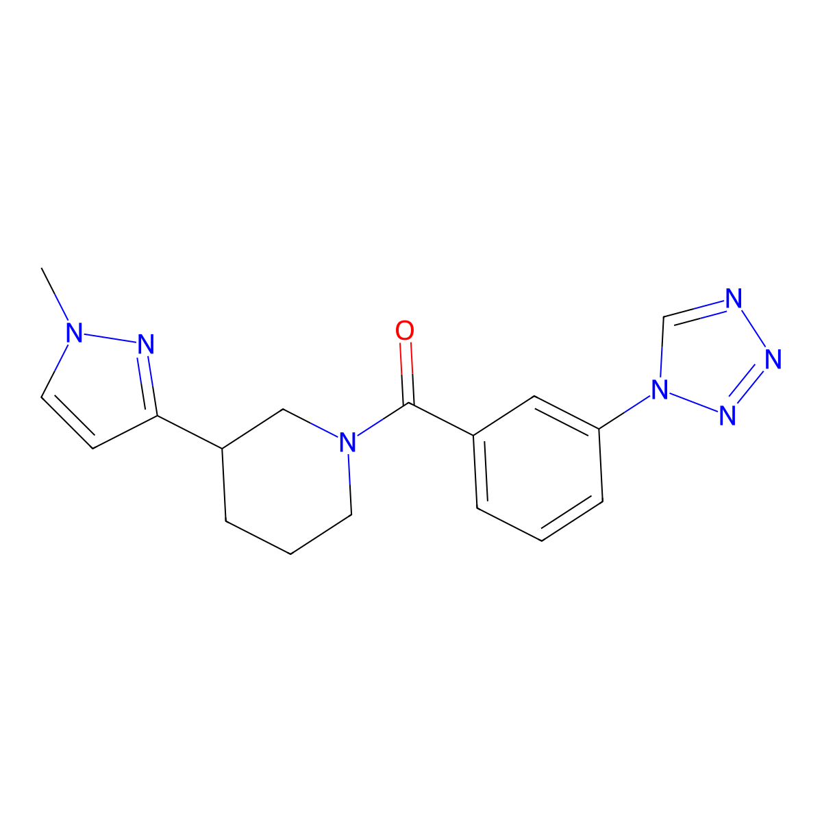 (3-(1H-tetrazol-1-yl)phenyl)(3-(1-methyl-1H-pyrazol-3-yl)piperidin-1-yl)methanone molecular structure, CAS 2034203-73-9