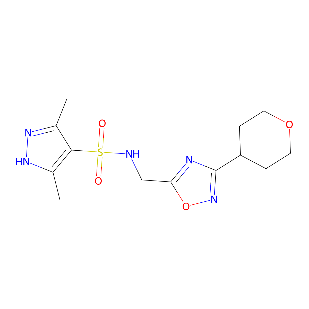3,5-dimethyl-N-((3-(tetrahydro-2H-pyran-4-yl)-1,2,4-oxadiazol-5-yl)methyl)-1H-pyrazole-4-sulfonamide molecular structure, CAS 2034203-75-1