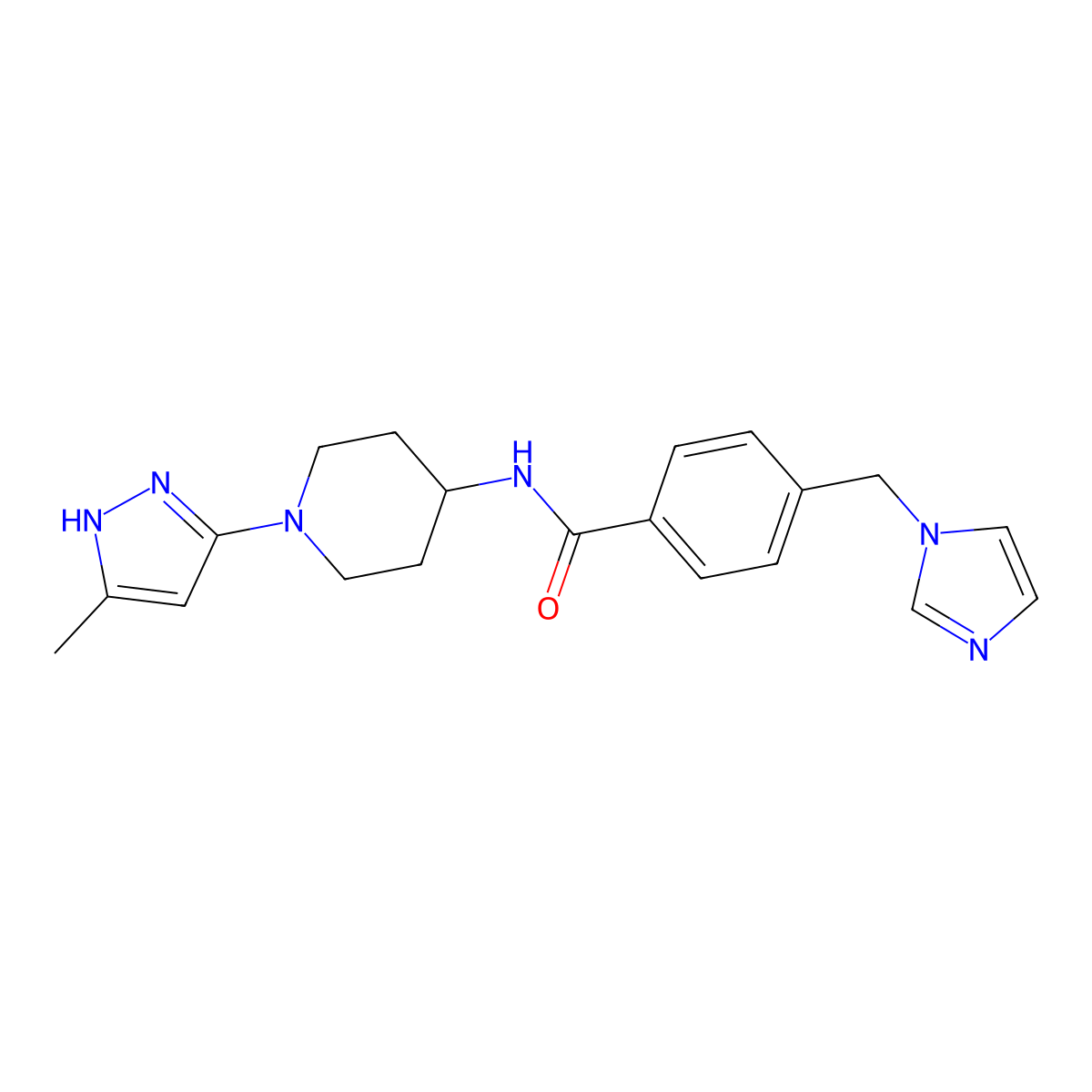 4-[(1H-imidazol-1-yl)methyl]-N-[1-(5-methyl-1H-pyrazol-3-yl)piperidin-4-yl]benzamide molecular structure, CAS 2034203-78-4