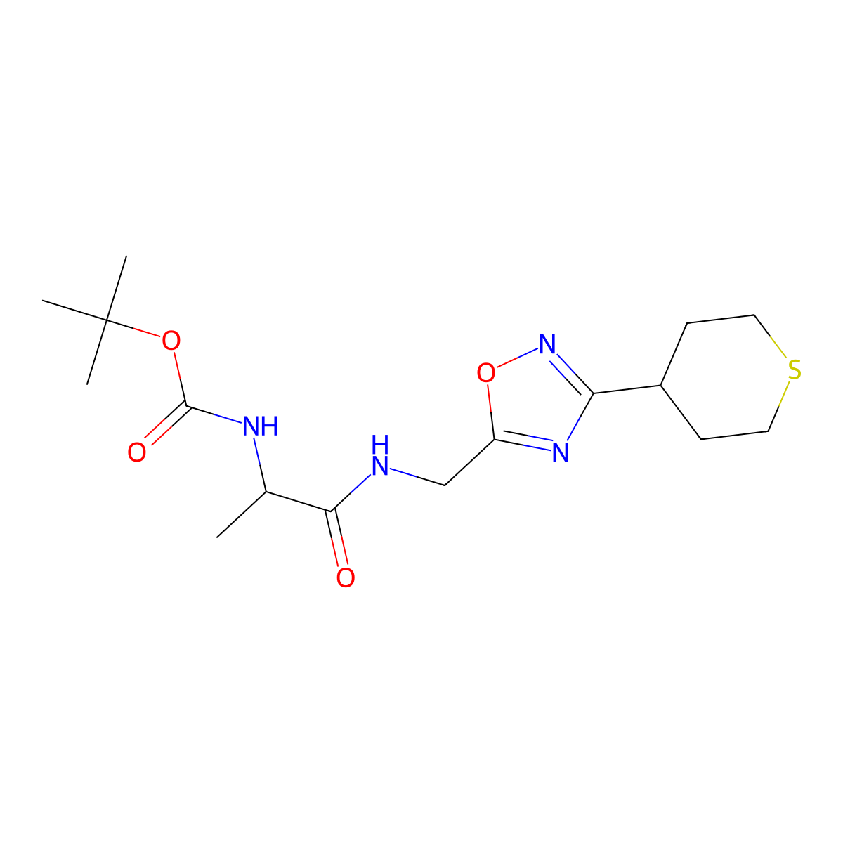 tert-butyl (1-oxo-1-(((3-(tetrahydro-2H-thiopyran-4-yl)-1,2,4-oxadiazol-5-yl)methyl)amino)propan-2-yl)carbamate molecular structure, CAS 2034203-85-3