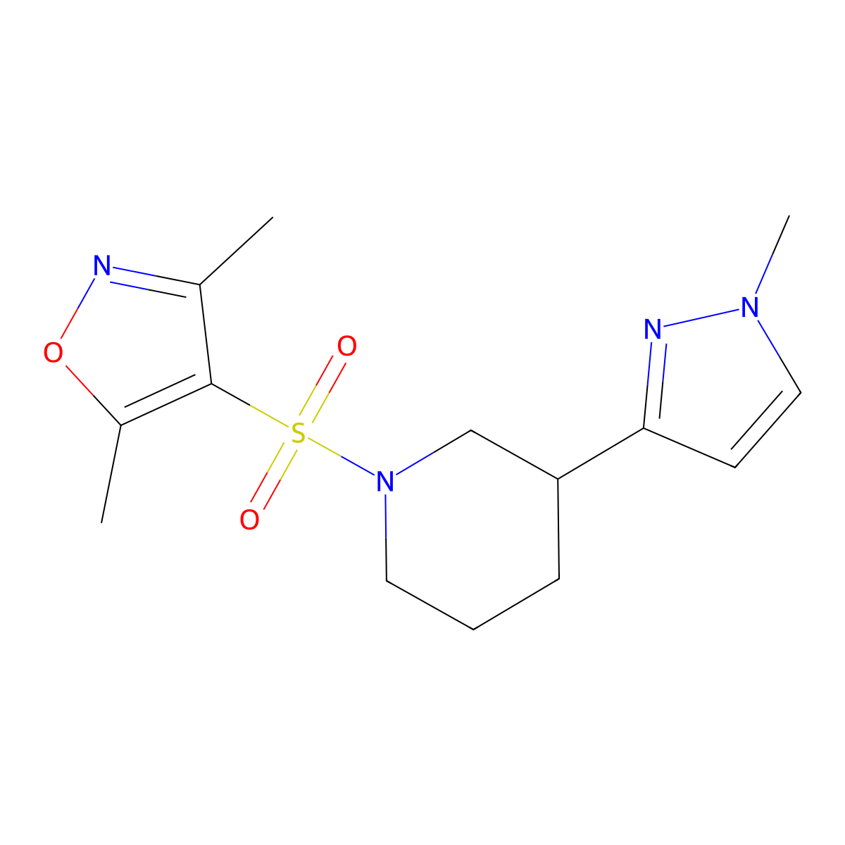 3,5-dimethyl-4-((3-(1-methyl-1H-pyrazol-3-yl)piperidin-1-yl)sulfonyl)isoxazole molecular structure, CAS 2034203-88-6