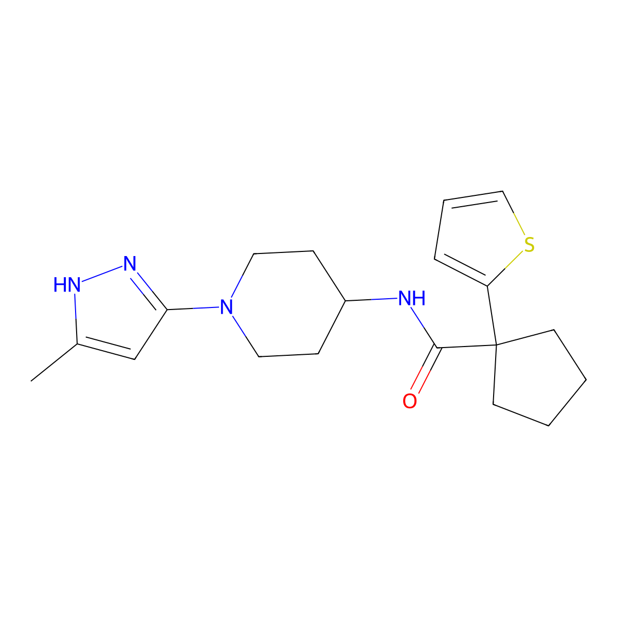 N-(1-(5-methyl-1H-pyrazol-3-yl)piperidin-4-yl)-1-(thiophen-2-yl)cyclopentanecarboxamide molecular structure, CAS 2034203-93-3