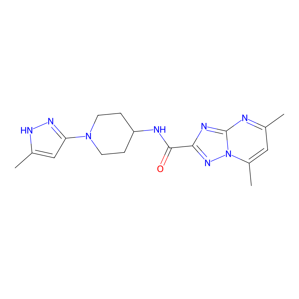 5,7-dimethyl-N-[1-(5-methyl-1H-pyrazol-3-yl)piperidin-4-yl]-[1,2,4]triazolo[1,5-a]pyrimidine-2-carboxamide molecular structure, CAS 2034204-05-0
