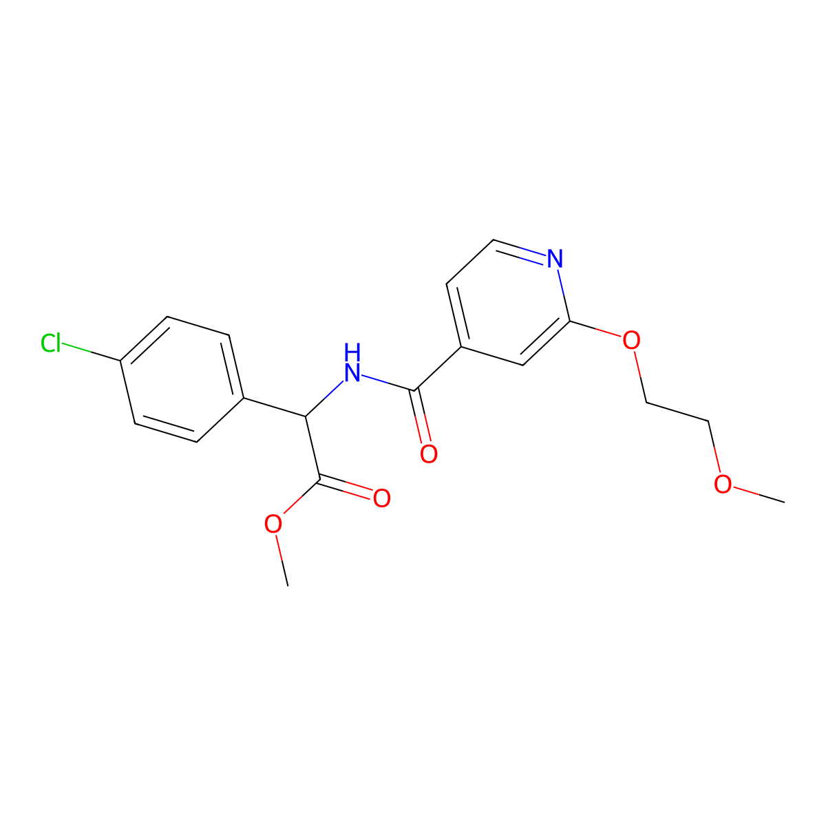 Methyl 2-(4-chlorophenyl)-2-(2-(2-methoxyethoxy)isonicotinamido)acetate molecular structure, CAS 2034204-07-2
