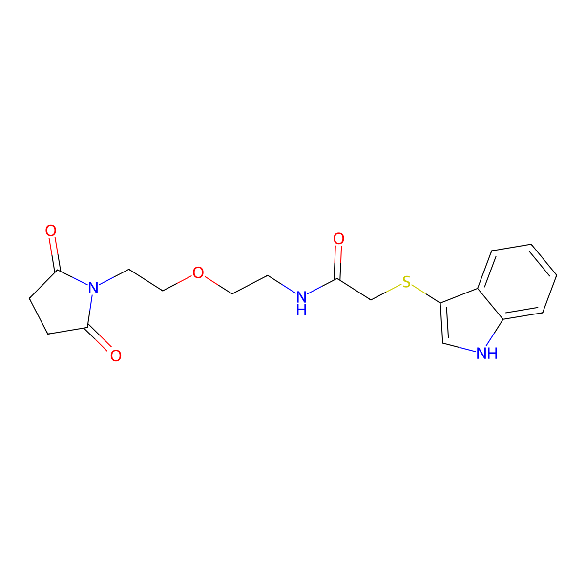 2-((1H-indol-3-yl)thio)-N-(2-(2-(2,5-dioxopyrrolidin-1-yl)ethoxy)ethyl)acetamide molecular structure, CAS 2034204-08-3