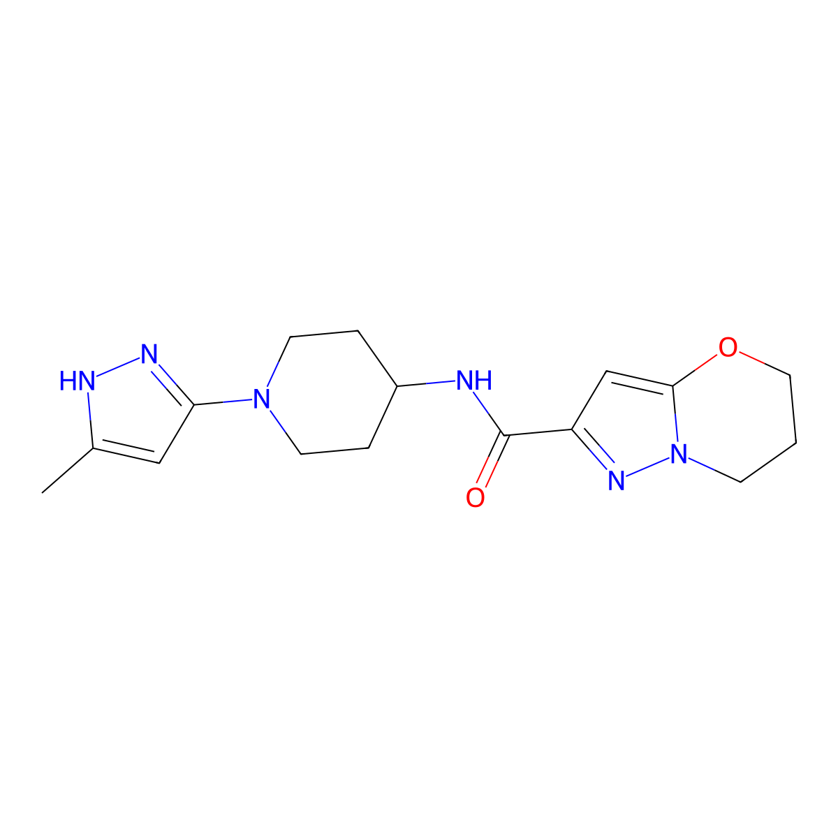 N-[1-(5-methyl-1H-pyrazol-3-yl)piperidin-4-yl]-5H,6H,7H-pyrazolo[3,2-b][1,3]oxazine-2-carboxamide molecular structure, CAS 2034204-23-2
