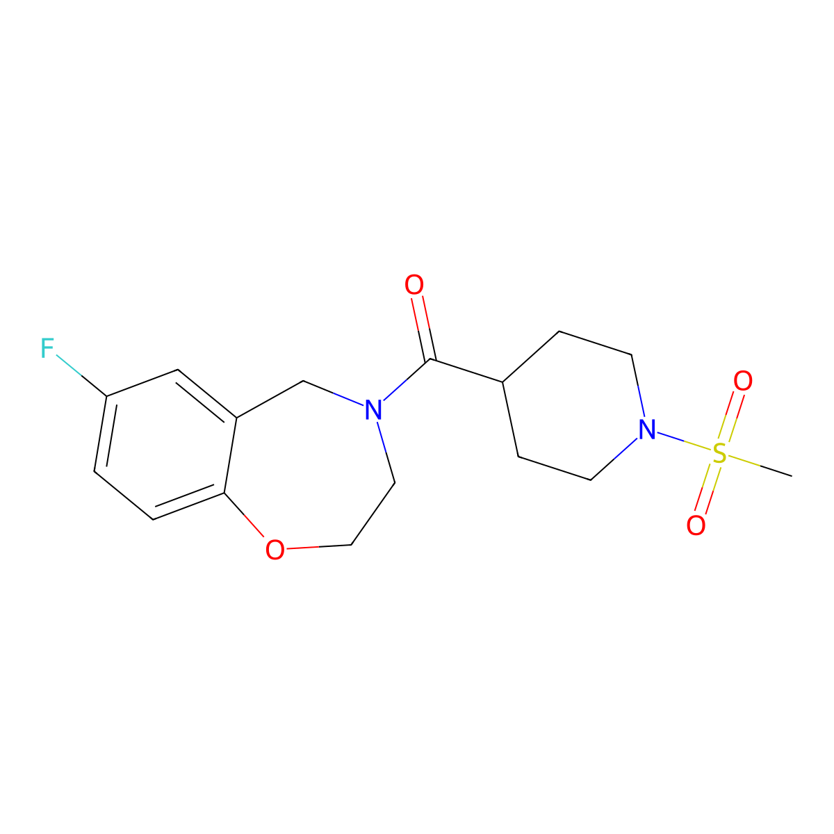 (7-fluoro-2,3-dihydrobenzo[f][1,4]oxazepin-4(5H)-yl)(1-(methylsulfonyl)piperidin-4-yl)methanone molecular structure, CAS 2034204-25-4