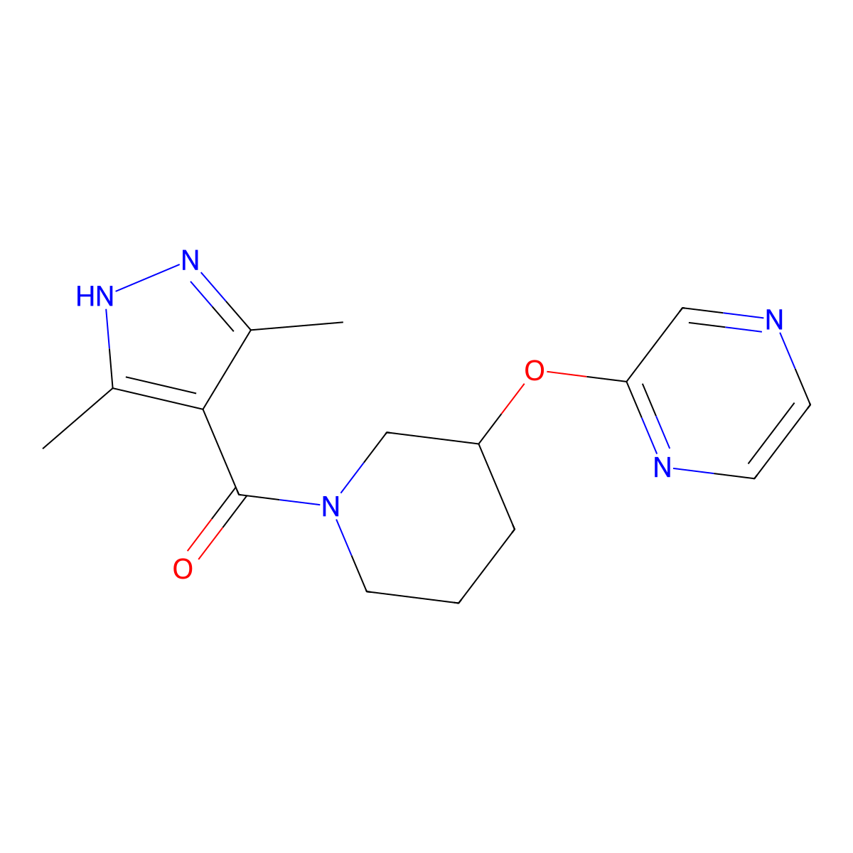 (3,5-dimethyl-1H-pyrazol-4-yl)(3-(pyrazin-2-yloxy)piperidin-1-yl)methanone molecular structure, CAS 2034204-27-6