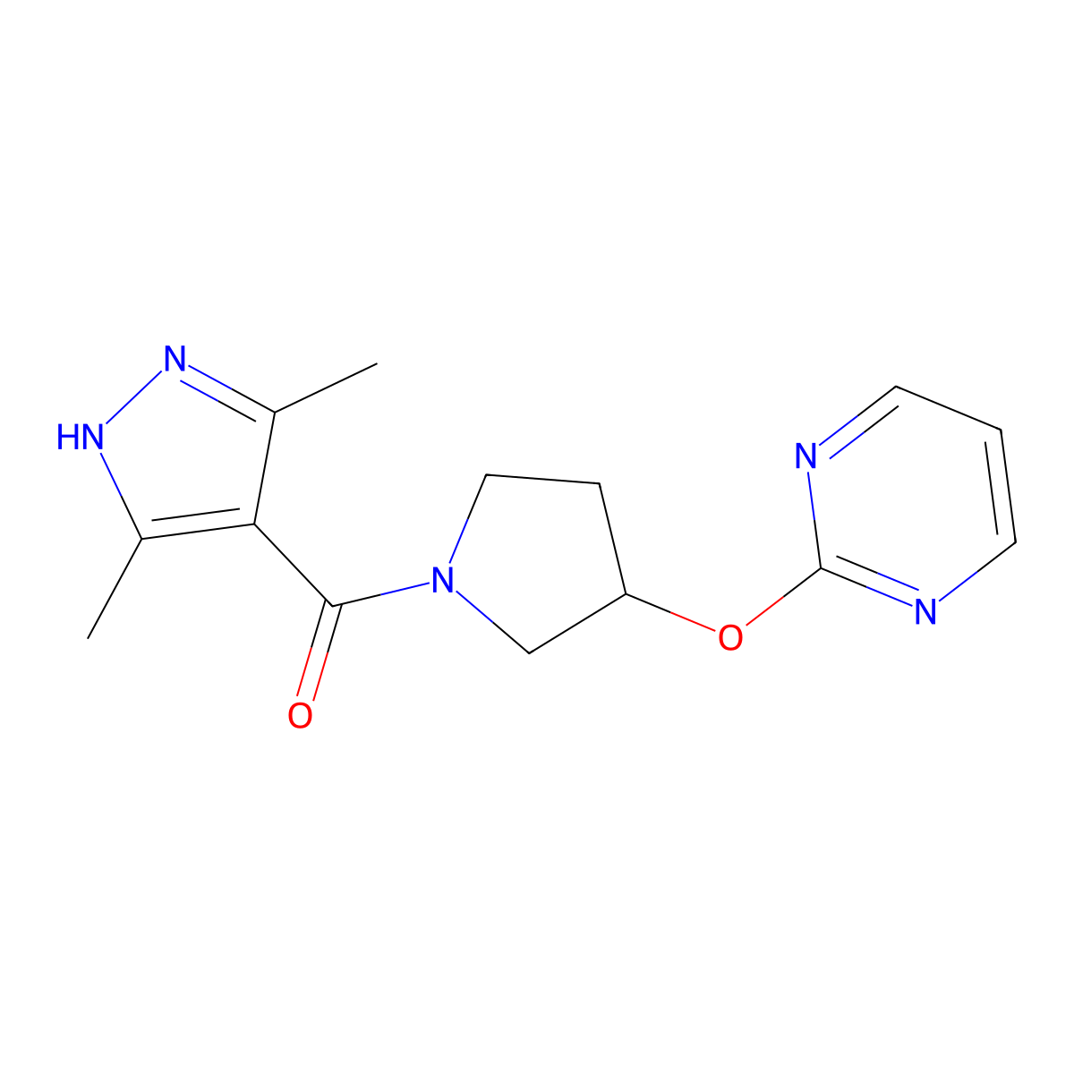 (3,5-dimethyl-1H-pyrazol-4-yl)(3-(pyrimidin-2-yloxy)pyrrolidin-1-yl)methanone molecular structure, CAS 2034204-32-3