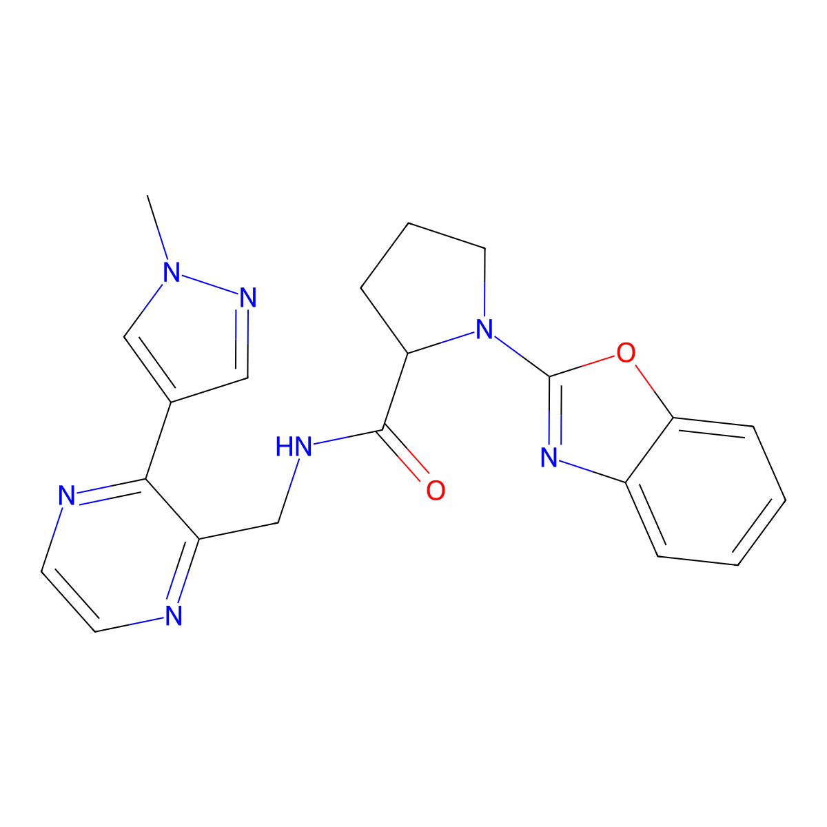1-(benzo[d]oxazol-2-yl)-N-((3-(1-methyl-1H-pyrazol-4-yl)pyrazin-2-yl)methyl)pyrrolidine-2-carboxamide molecular structure, CAS 2034204-40-3