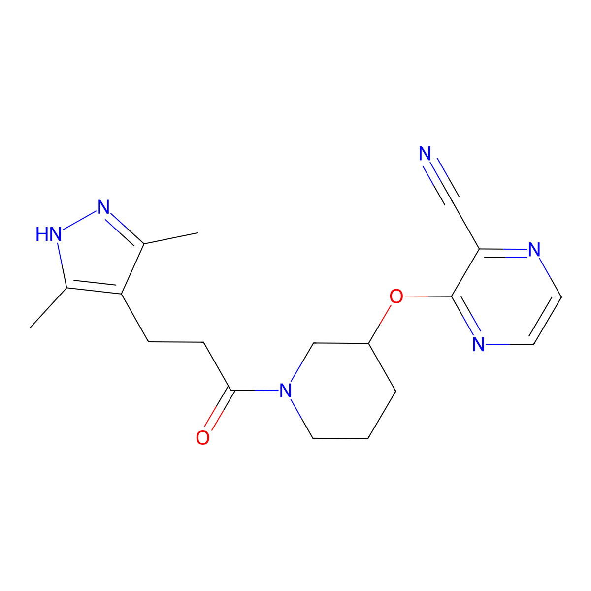 3-((1-(3-(3,5-dimethyl-1H-pyrazol-4-yl)propanoyl)piperidin-3-yl)oxy)pyrazine-2-carbonitrile molecular structure, CAS 2034204-42-5