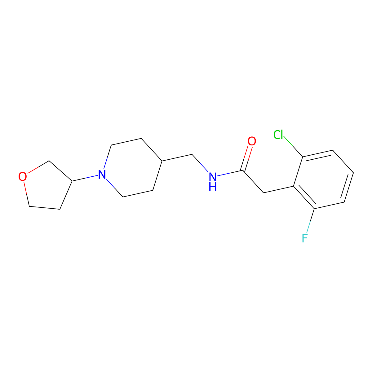 2-(2-chloro-6-fluorophenyl)-N-((1-(tetrahydrofuran-3-yl)piperidin-4-yl)methyl)acetamide molecular structure, CAS 2034204-46-9