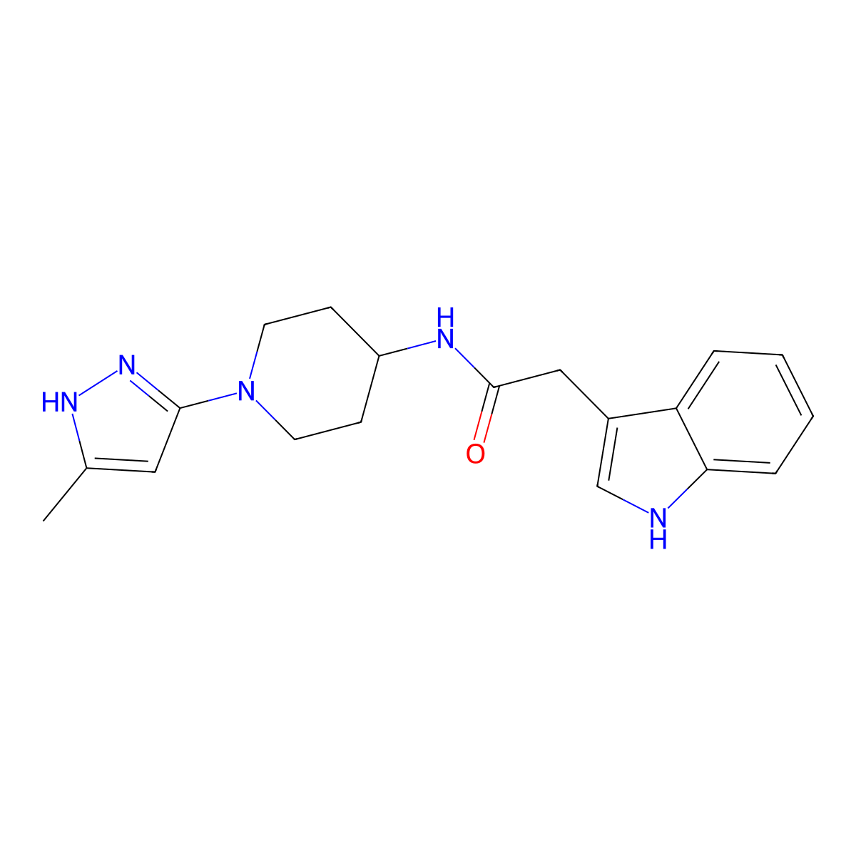 2-(1H-indol-3-yl)-N-[1-(5-methyl-1H-pyrazol-3-yl)piperidin-4-yl]acetamide molecular structure, CAS 2034204-47-0
