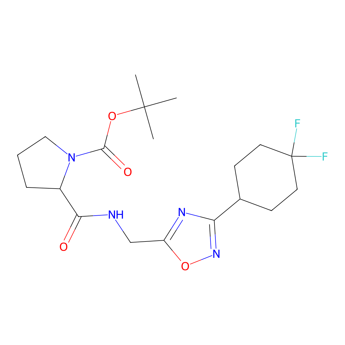 Tert-butyl 2-({[3-(4,4-difluorocyclohexyl)-1,2,4-oxadiazol-5-yl]methyl}carbamoyl)pyrrolidine-1-carboxylate molecular structure, CAS 2034204-56-1